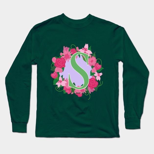 Monogram S, Personalized Floral Initial Long Sleeve T-Shirt by Bunniyababa